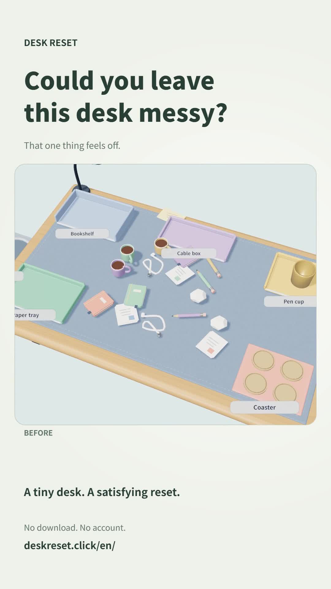 A messy pastel 3D desk in the Desk Reset trailer